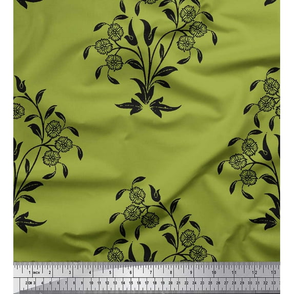 Soimoi Japan Crepe Satin Fabric Leaves & Floral Block Printed Craft Fabric by the Yard 42 Inch Wide