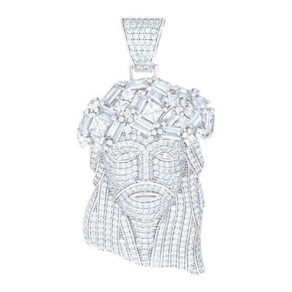 925 Sterling Silver Mens Baguette Round Cubic-Zirconia Jesus Religious Charm Pendant