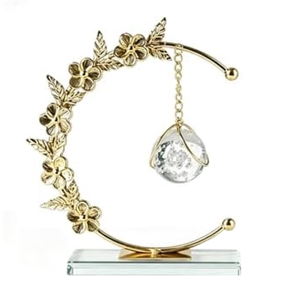 Golden Crystal Ball Hanging Decoration Gold, Moon Shaped Frame Feng Shui Lucky Statue for Living Room Office Bookshelf