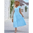 thumbnail image 4 of Women'S 2025 Summer Casual Flutter Short Sleeve Crew Neck Smocked Elastic Waist Tiered Midi Dress Light Blue L, 4 of 9