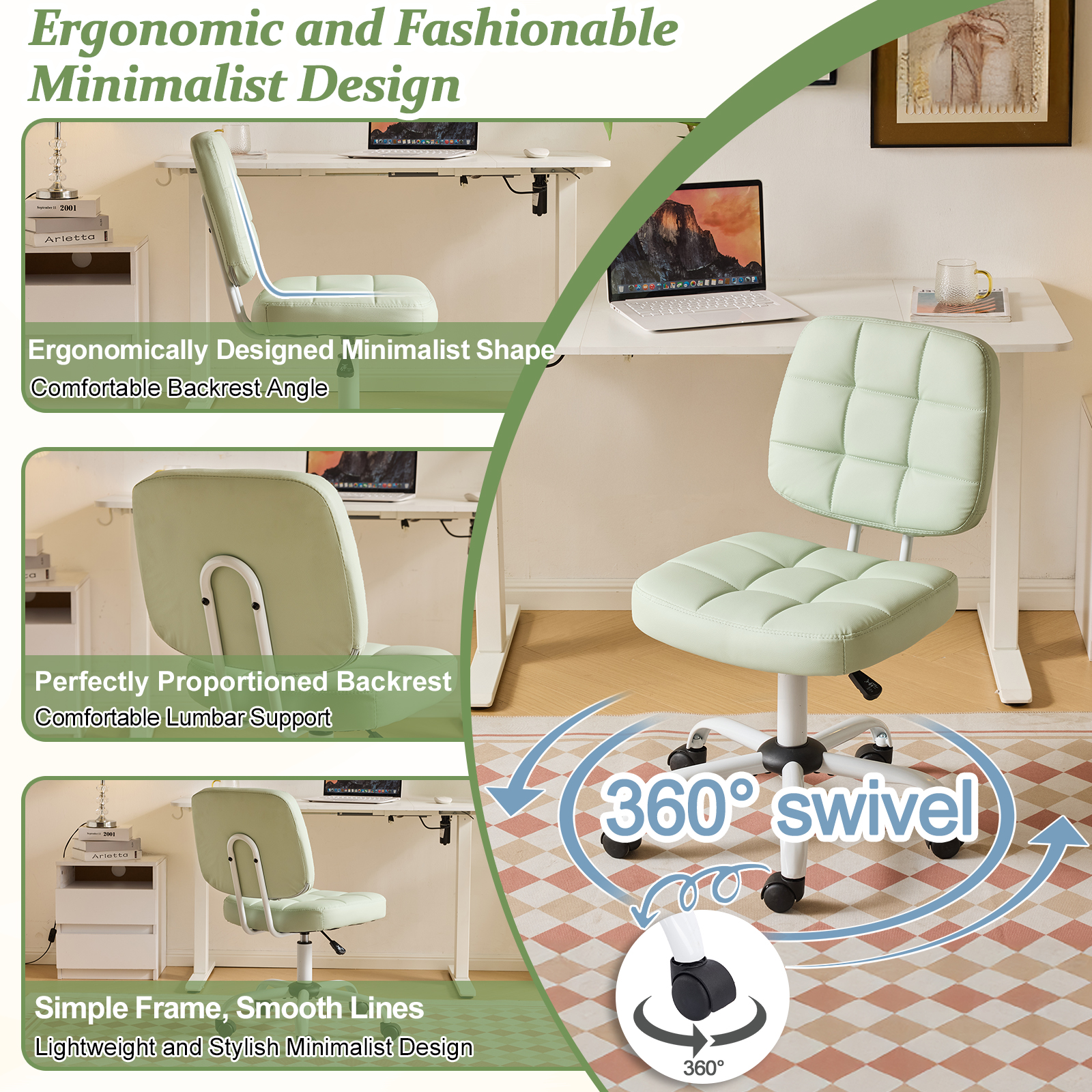 Ktaxon Armless Office Chair with Star Base PU Swivel Task Chair with 9-Grid Design for Study Room or Dressing Area Green