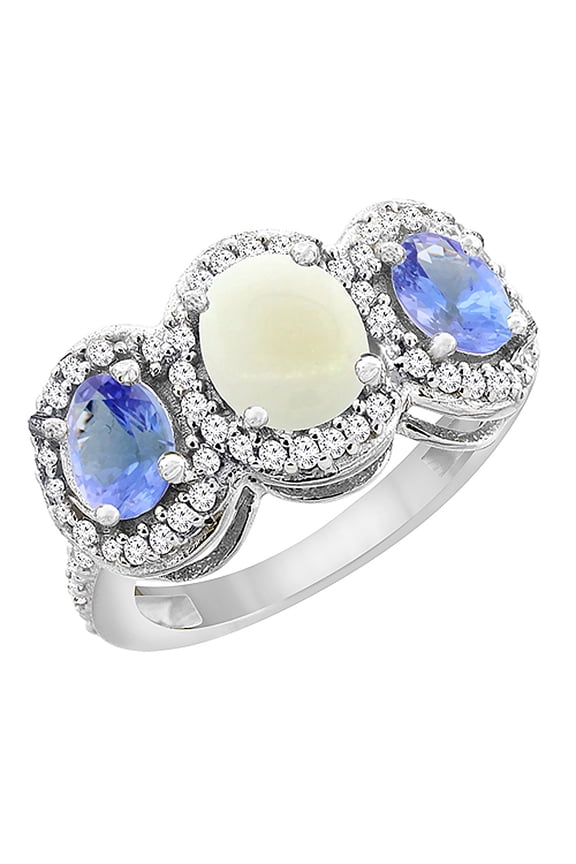10K White Gold Natural Opal & Tanzanite 3-Stone Ring Oval Diamond Accent, size 5