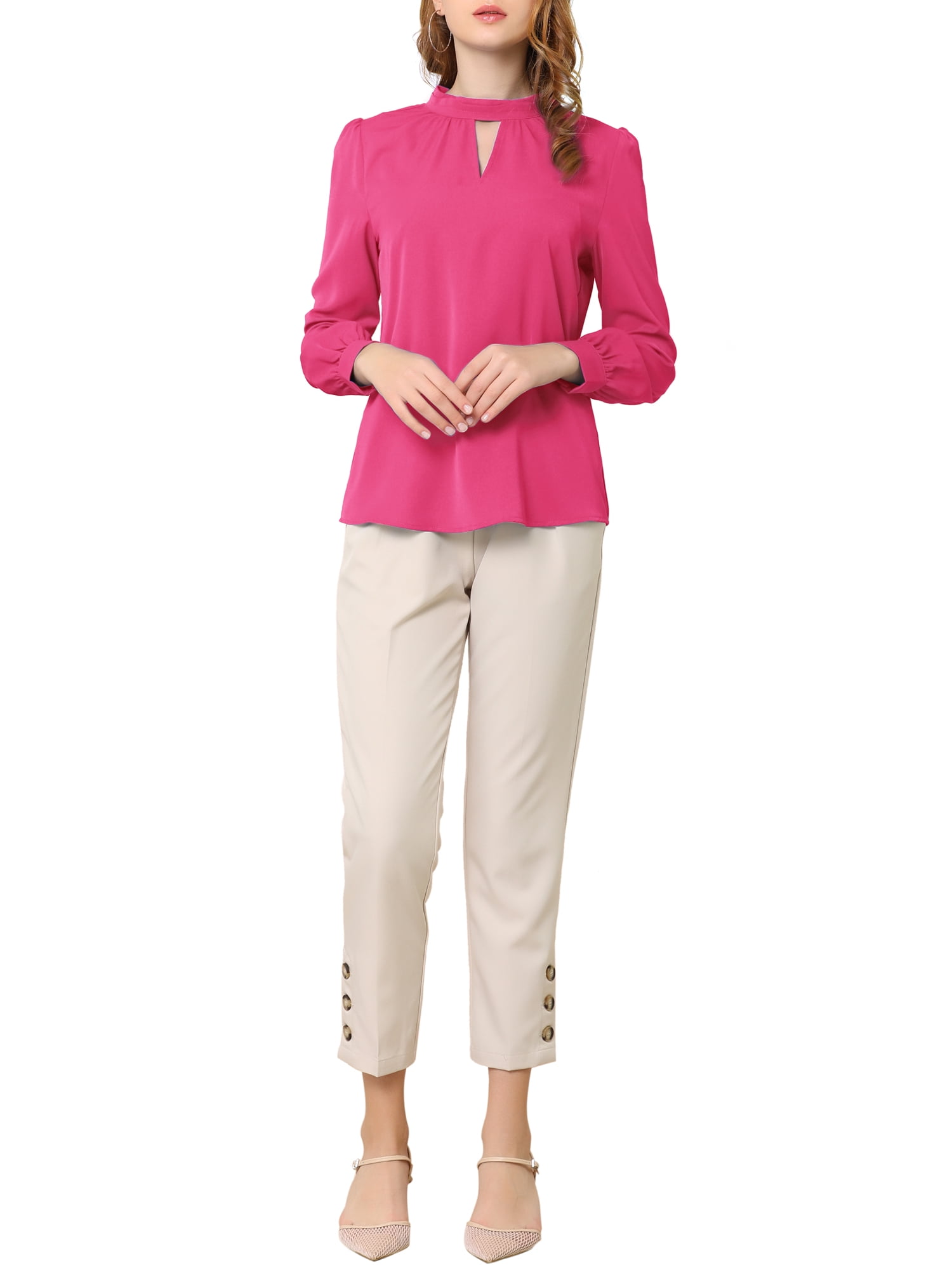 DARING DIVA Women's Stand Collar Long Sleeve Office Blouse M Rose Red