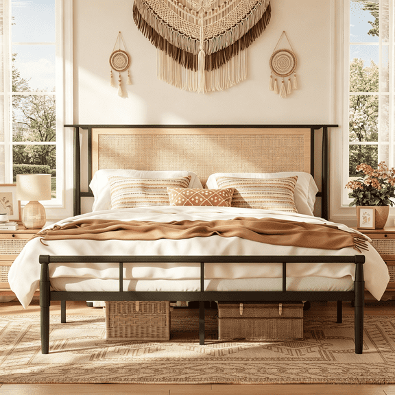 4 Ever Winner Rattan Bed Frame Full with Headboard, Boho Bed Frame with Sturdy Metal Slat, Under Bed Storage,Noise Free, No Box Spring Needed, Black
