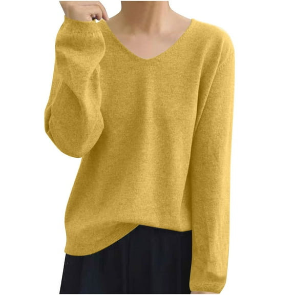 Lightweight Sweaters for Women Cozy V Neck Long Sleeve Pullover Loose Fit Casual Fall Spring Solid Jumper Tops (Free Size, Yellow)