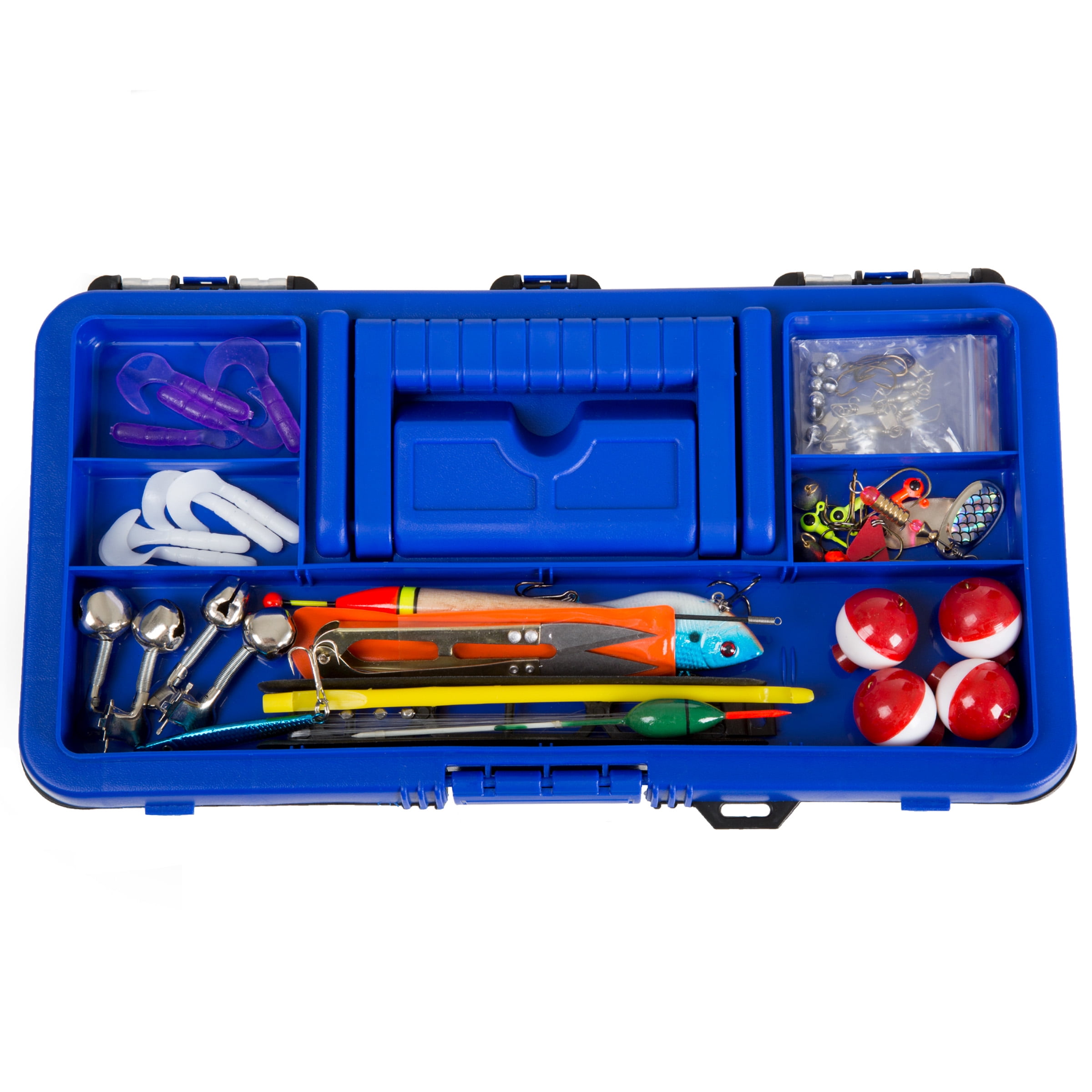 Fishing Single Tray Tackle Box- 55 Piece Tackle Gear Kit Includes Sinkers,  Hooks Lures Bobbers Swivels and Fishing Line by Wakeman Outdoors