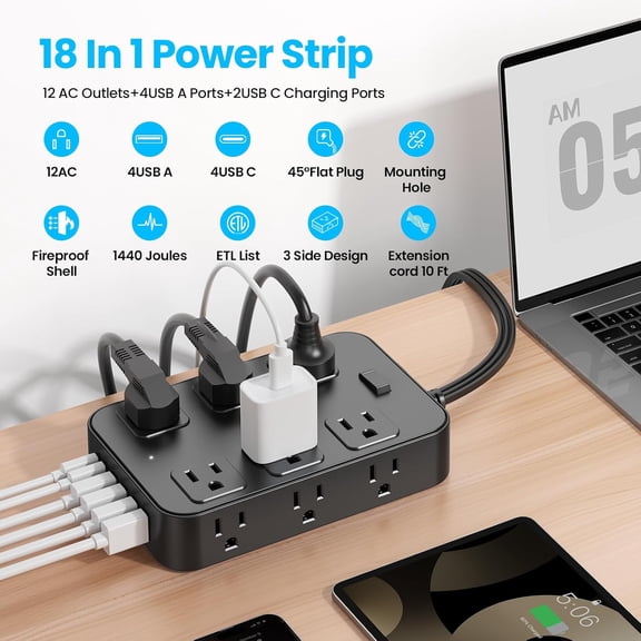 Flat Plug trip Sur Protector with 12 AC Outlets 6 USB Ports 3 Side Multi Plug Outlet Extender 10 Ft Extension Cord for Home Office Kitchen Dorm Wall Desk Charging Station ETL Listed