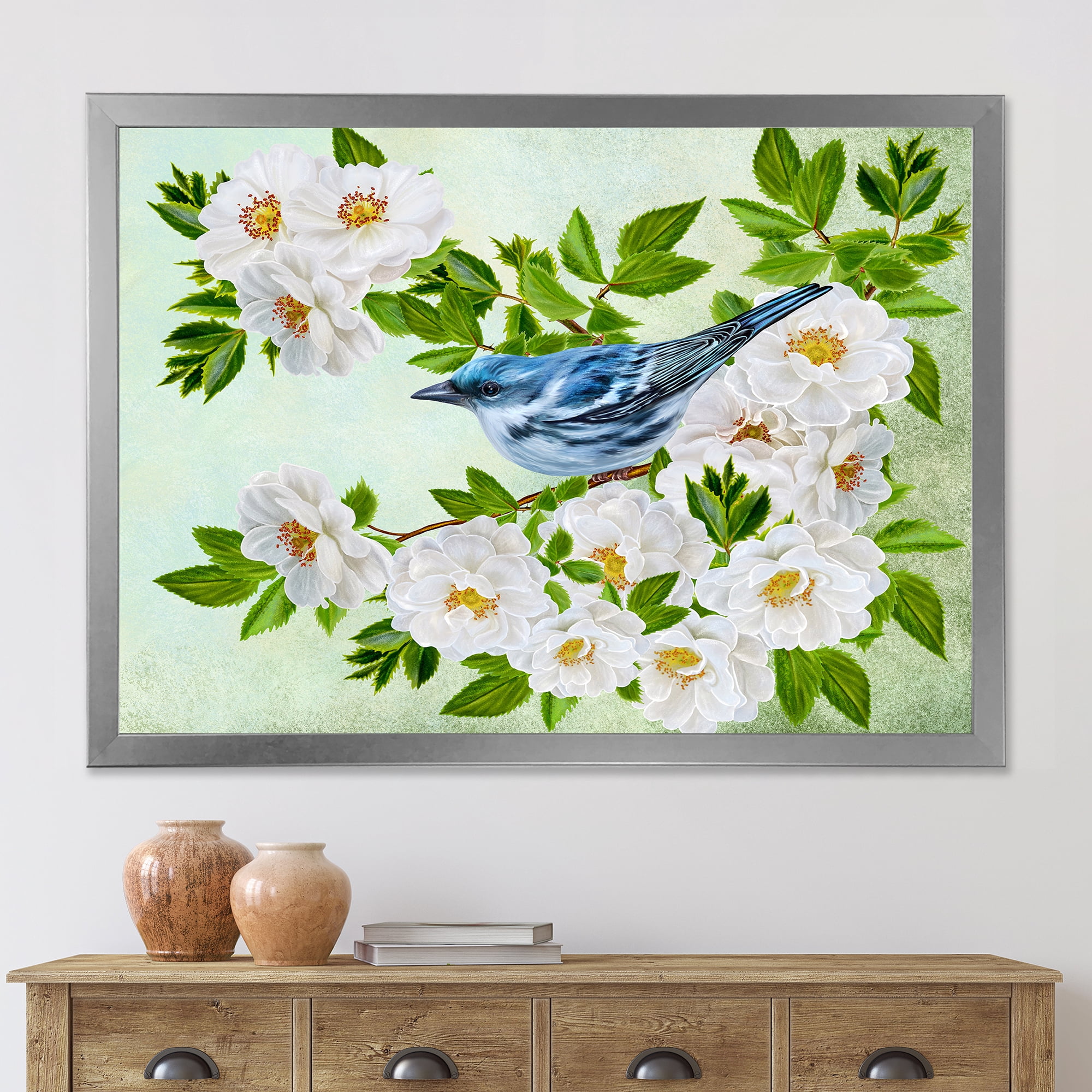 Designart 'Little Blue Bird Sitting On A Branch of White Rose Plant' Traditional Framed Art Print