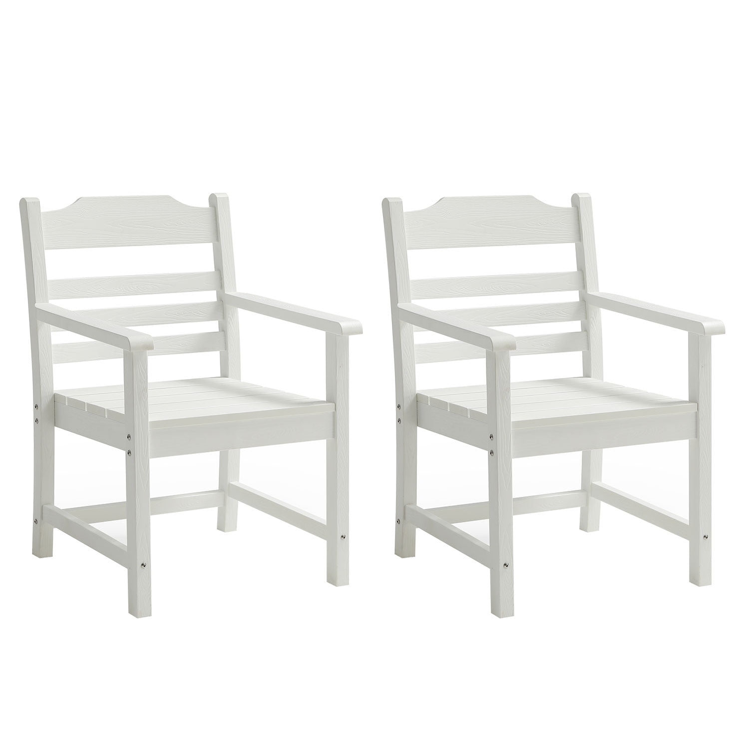 Patio Dining Chair with Arms Set of 2, Pure White with Imitation Wood Grain Texture for Deck Pool, White