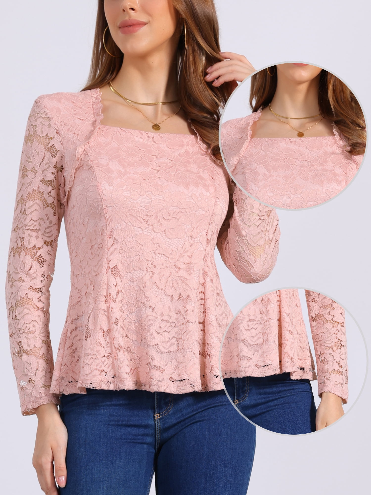 DARING DIVA Women's Lace Square Neck Long Sleeve Stretch Peplum Blouses S Pink
