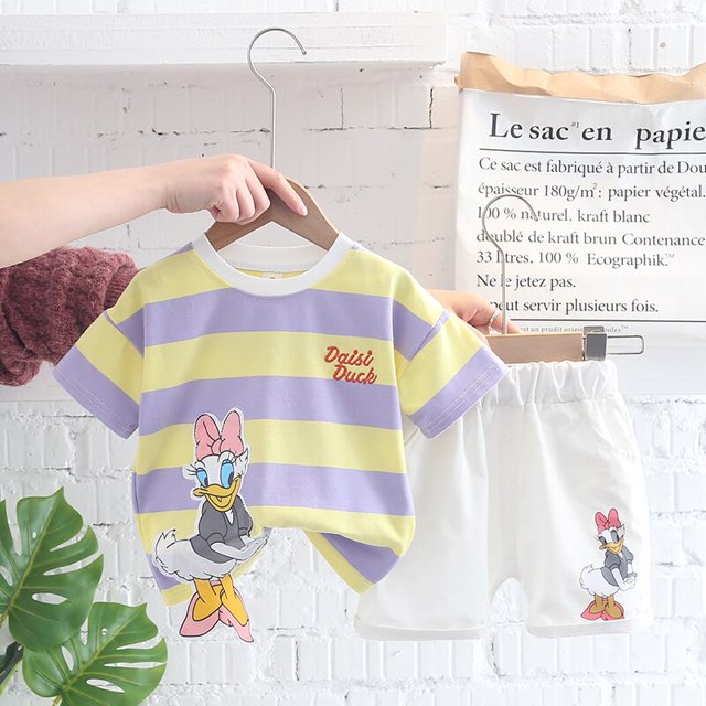 Verano bebé Donald pato ropa trajes niño bebé niñas niños dibujos animados Margarita rayas camiseta + pantalones cortos de mezclilla conjuntos niños ropa 5 Gao Jinjia LED