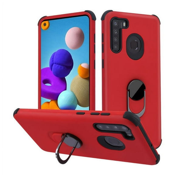 Samsung Galaxy A21 Phone Case Hybrid Armor Soft TPU Rubber Grip Bumper with 360 Degree Rotating Metal Ring Holder Car Mount Kickstand Shockproof Rubberized Cover [RED] for Samsung Galaxy A21