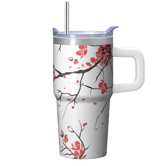 20oz Vintage Floral Design Tumbler with Handle and Straw Lid, Insulated Travel Coffee Cup, Chinoiserie Gift for Her