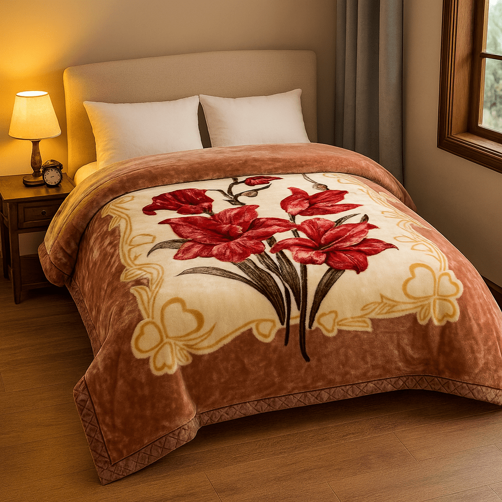 DBOZE Heavyweight Korean Mink Blanket, Ultra Soft 2-Ply Reversible Plush Fleece Bed Blanket, Warm Raschel Winter Blanket for King Size Bed, Orange Floral
