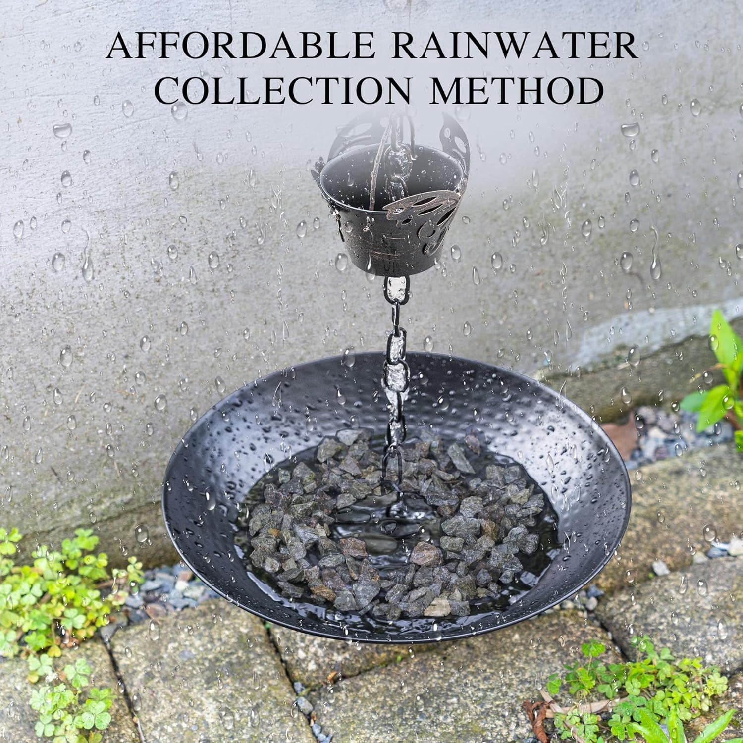 Topadorn Matte Black Hammered Metal Rain Chain Basin, 10.7 Inch Decorative Catch Bowl with Hanging Chain, Outdoor Gutter Water Diverter for Garden & Patio