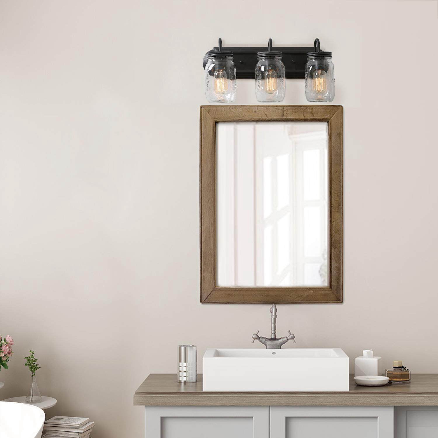 LNC 3-Light Black Geometric Clear Mason Jar Glass Shade Modern Bathroom Vanity Light