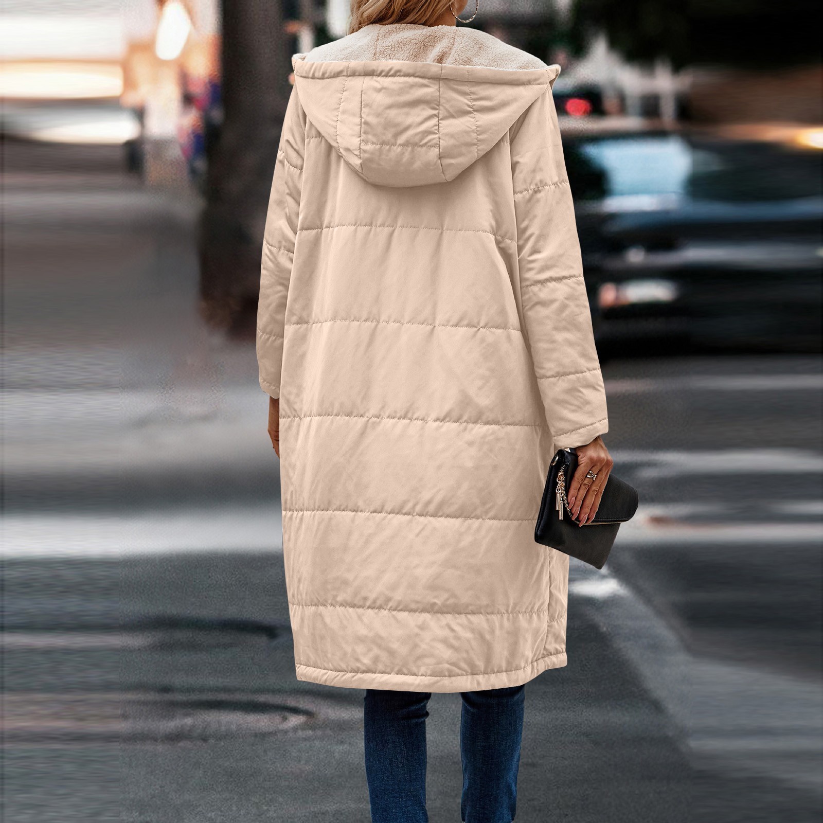 Fleece Jacket Women Long Puffer Coat Women Oversized Reversible Jackets Shearling Hooded Winter Fashion Coat Clothes Beige M