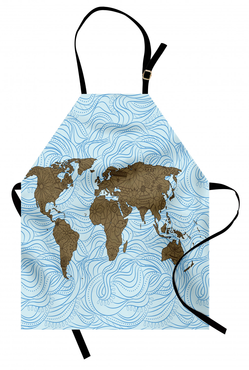 Floral World Map Apron World Map with Wavy Ocean Lines Flower Continent ...
