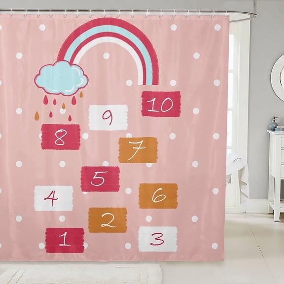 Manfei Hopscotch Number Shower Curtain 72Wx78L, Rainbow Cloud Bath Curtain, Pink