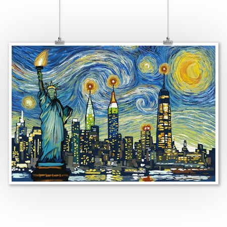 New York City, New York - Skyline - Van Gogh Starry Night - Lantern Press Artwork (9x12 Art Print, Wall Decor Travel