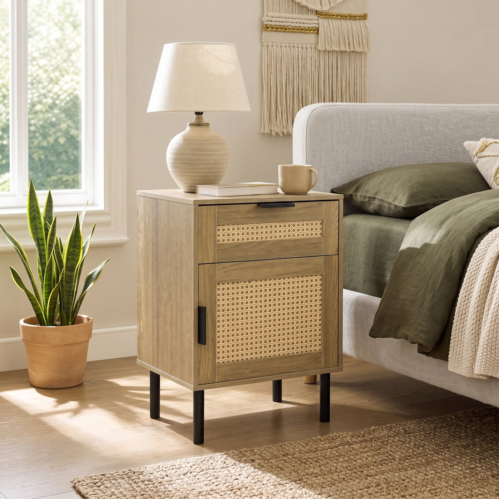 Furnibear Set of 2 Rattan Nightstands with Drawer and Storage Cabinet plus Metal Legs for Bedroom Dorm and Guest Room, Natural
