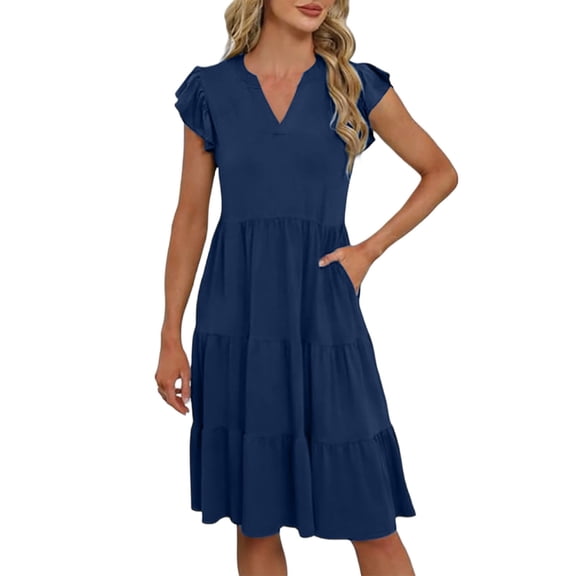 APEXFWDT Women's V-Neck Ruffle Trim Dress Sleeveless Midi Dress with Functional Pockets, Casual Fashion Summer Dresses,M,Navy