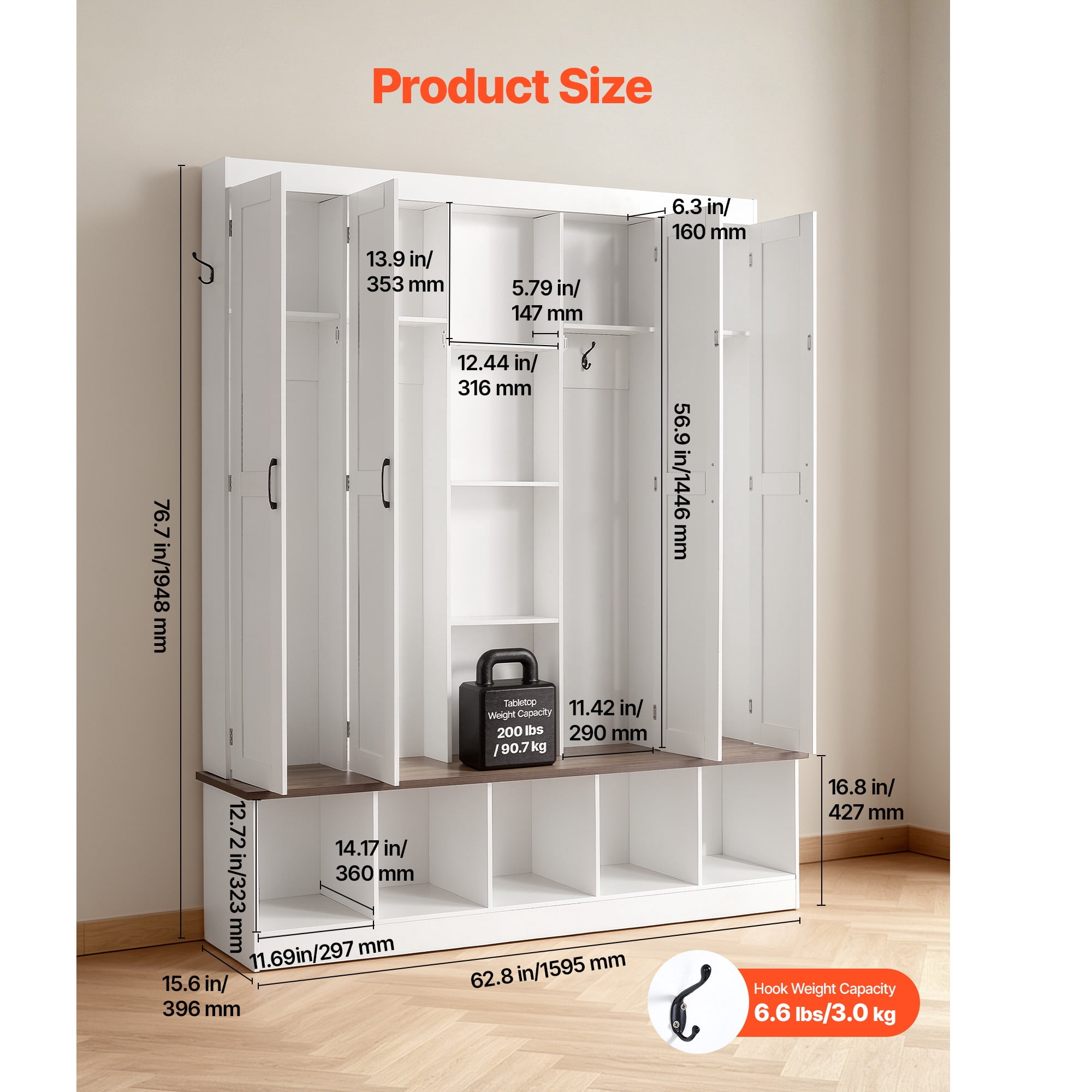 KFFKFF 4-in-1 Entryway Hall Tree with Bench, Hooks, Storage Cabinet, and Shoe Organizer, 63" Wide Wooden Furniture for Mudroom, Hallway, and Entryway, White