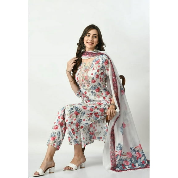 S MAJIDA Kurta Set for Women Floral Polyster Blend Kurta Pant Dupatta with 3/4 Sleeve