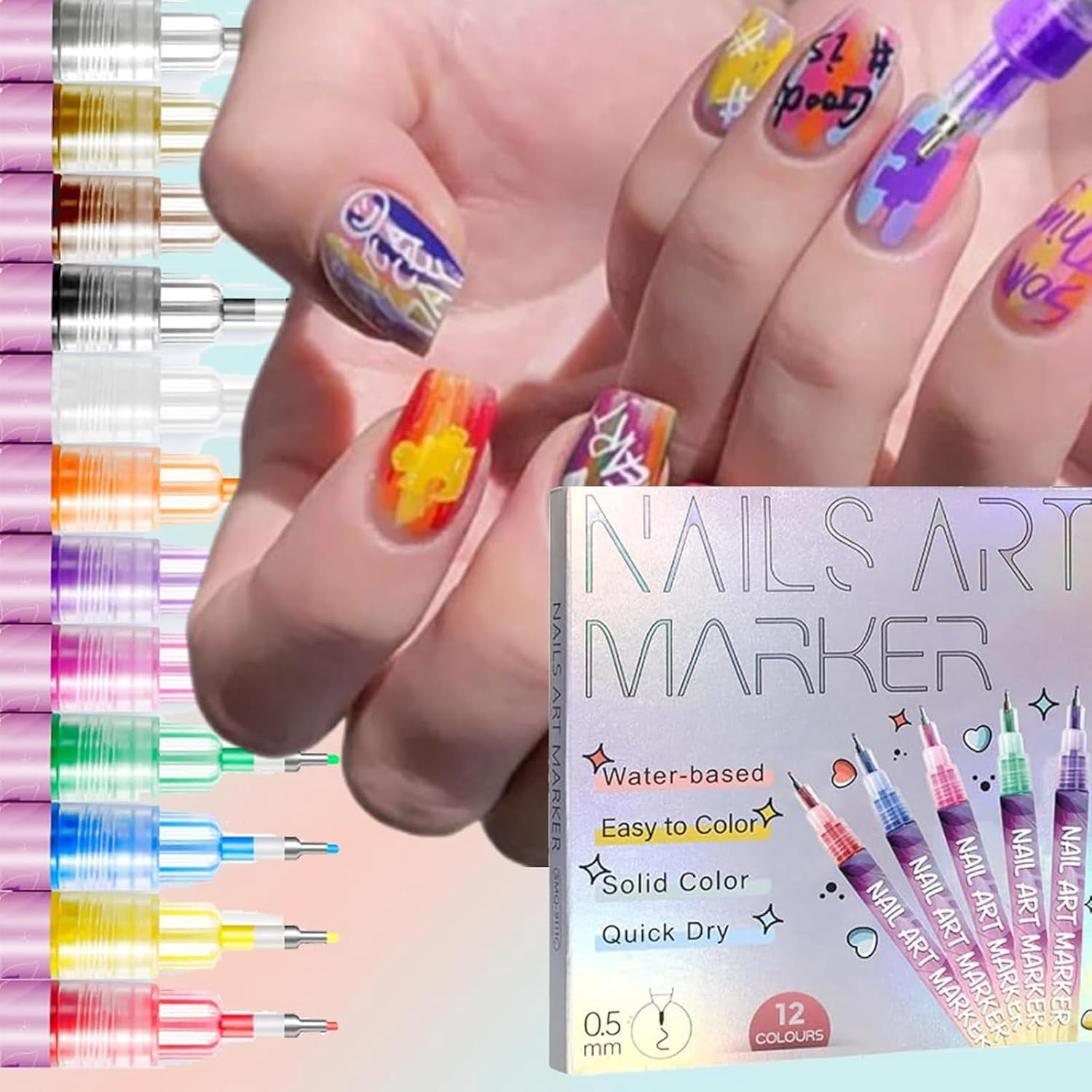 KANOHENO 12 Colors Nail Art Pens Set,0.01in Waterproof and Quick-Drying DIY Nails Art Drawing Painting Tools,Multicolor Gel Acrylic Painted Pen Kit