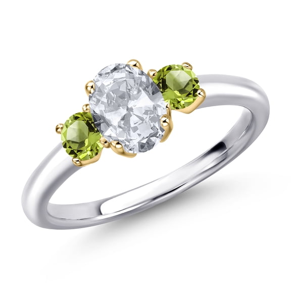 Gem Stone King 10K Two Tone Gold White Topaz and Green Peridot Engagement Ring for Women | 1.41 Cttw | Oval 7X5MM | Gemstone November Birthstone | Size 6