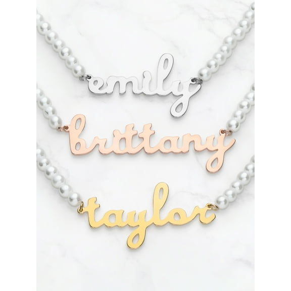 Personalized Planet Lowercase Script Name Glass Pearl Necklace ,Women's
