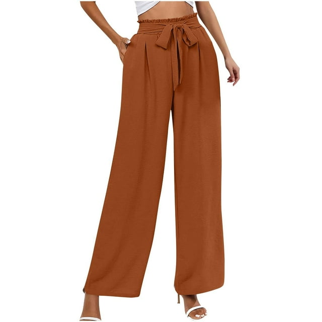 ohmzyzo Women's Fashion Elastic Waist Lace Pocket Solid Color Full Length Pants
