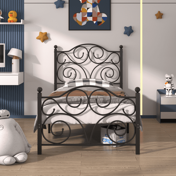 VECELO Traditional Metal Platform Bed Frame with Butterfly Shape Headboards and Footboard, Twin Size, Black