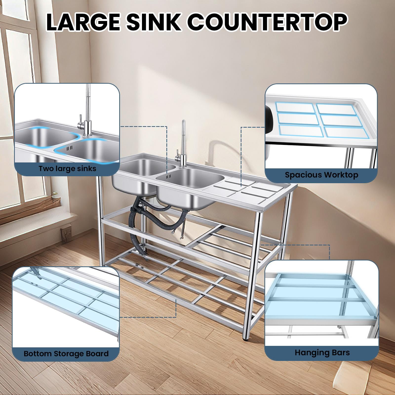 Heavy Duty Utility Sink with Hot & Cold Water Pipes, Commercial Sink, Stainless Steel Commercial Triple Bowl Basin for Supermarket & Food Storage Room