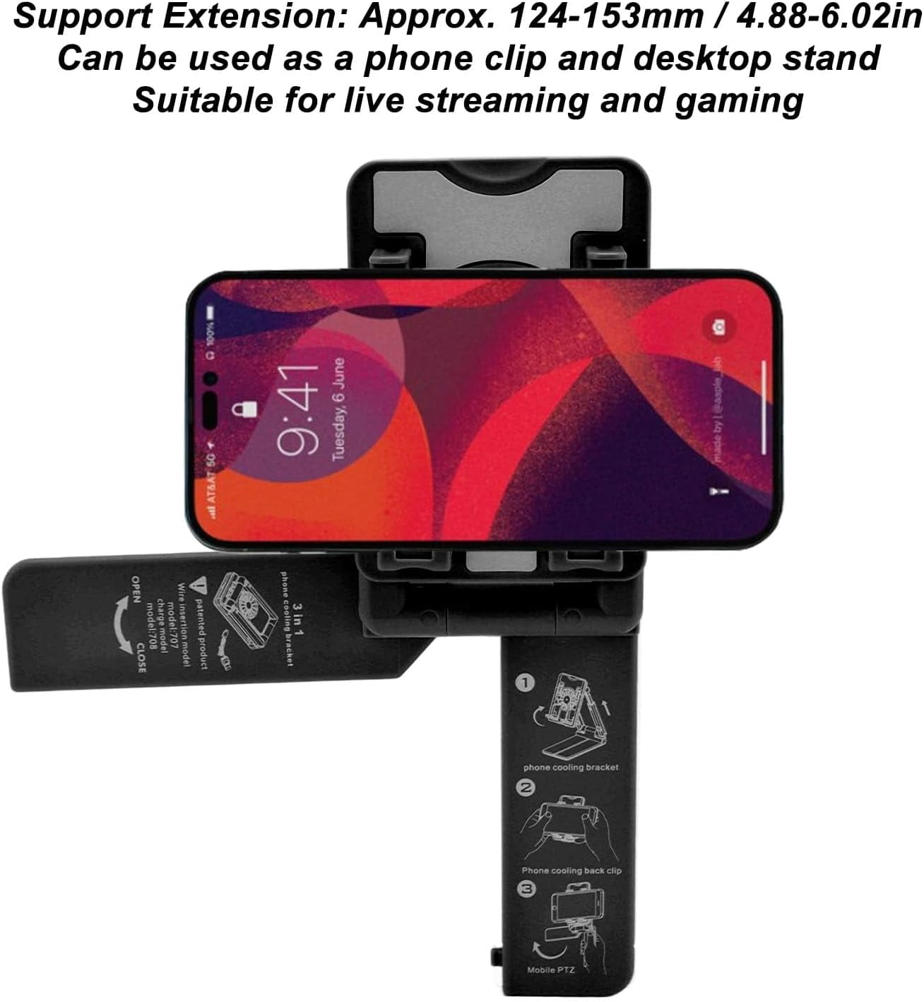 Cell Phone Cooler Phone Radiator, Height Adjustable Phone Stand with Cooling Fan, Desktop Phone Holder with RGB Light, Compatible with Android, All Mobile Phones (Black),