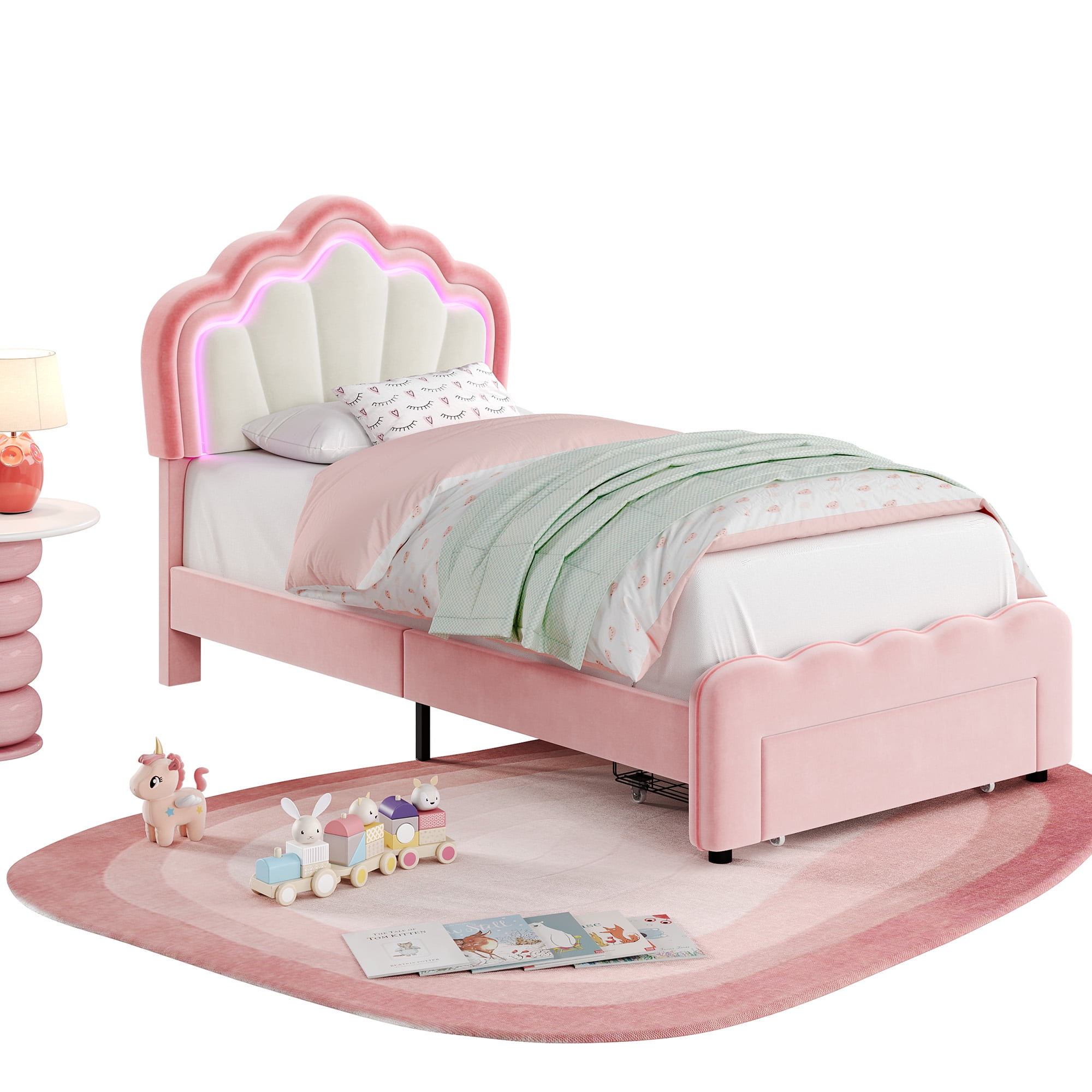 Homfa Upholstered Twin Size LED Bed Frame with Storage