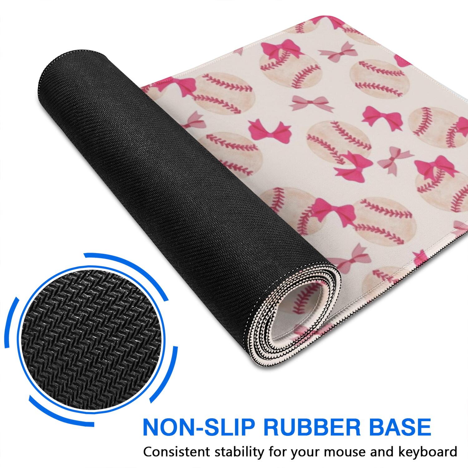 Long Mouse Pads for Desk,Pink Bows and Baseballs Pattern Desk Mats on Top Of Desks, Desk Mouse Pad Extra Large with 3mm Non-Slip Base and Stitched Edge for Gaming,Office,Work,Home 31.5"x11.8"
