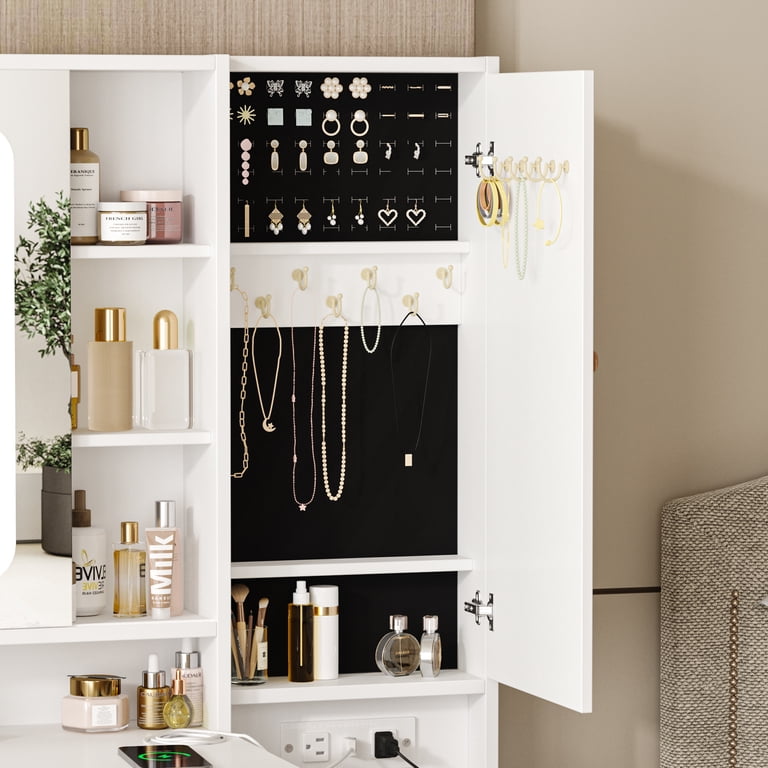 Large Makeup Vanity With 9 Drawers & LED Mirror - White And Gold Vanity Desk With Charging Station
