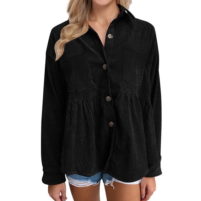Camisa de pana de moda para mujer, camisa informal de manga larga con botones, top (negro)