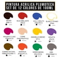 thumbnail image 2 of PLUMOTECA Pintura Acrilica Profesional Set de 12 colores 100ml Basicos y metalica para lienzo tela madera vidrio Para Artistas Negra Dorada Incluye 4 Pinceles (12 Basicos), 2 of 9