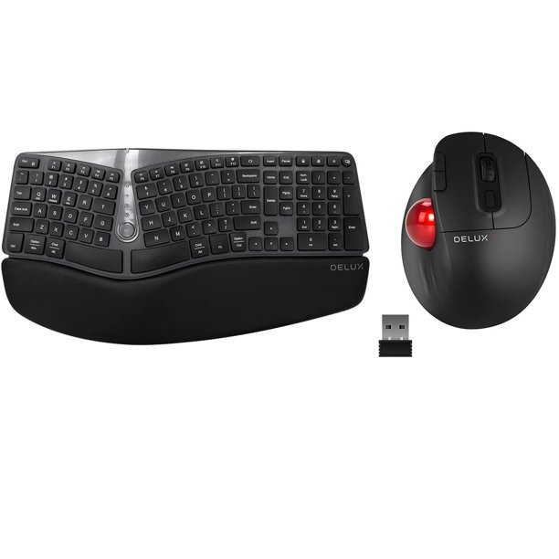 Delux Wireless Ergonomic Split Keyboard with Trackball Mouse