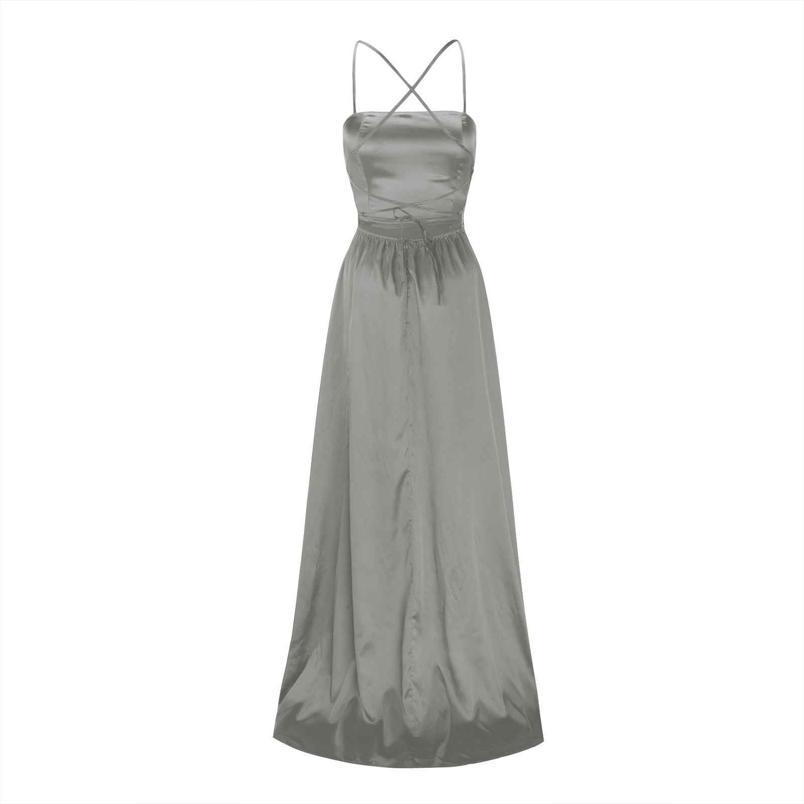 XIAOCHA Satin Gown for Women Fitted Scoop Neck Spaghetti Strap Side Slit Maxi Dress Smooth Glamorous Evening Dresses