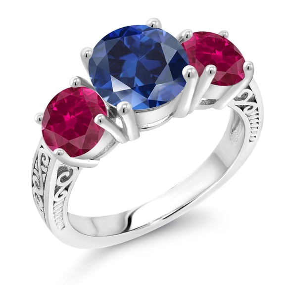 Gem Stone King 4.50 Ct Round Blue Created Sapphire Red Created Ruby 925 Sterling Silver 3-Stone Ring (Size 6)