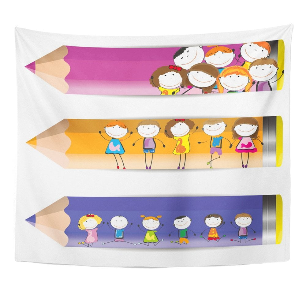 ZEALGNED School With Happy Kids And Colorful Crayons Pencil Nursery Fun Border Cartoon Nice Wall