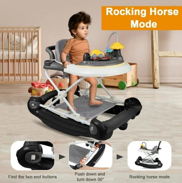 LHUAI Baby Walker With Bouncer, Removable Footrest, Feeding Tray & Music, Foldable & Adjustable Activity Walker For Boys And Girls, Toddler Infant, Black