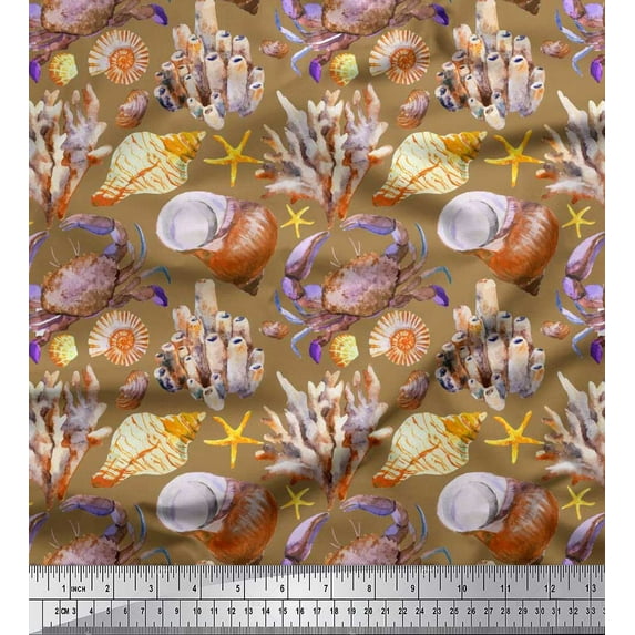 Soimoi Brown polyester Crepe Fabric Crab,Shell & Coral Ocean Print Fabric by the Yard 52 Inch Wide
