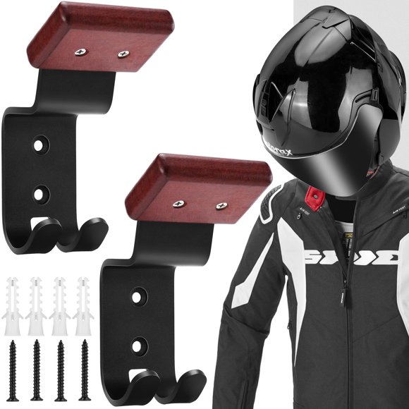 HK 2 Pack Beech Wood & Carbon Steel Motorcycle Helmet Holder, Durable Wall Mount Helmet Rack with Double Hook for Helmets, Hats, Coats, Spo