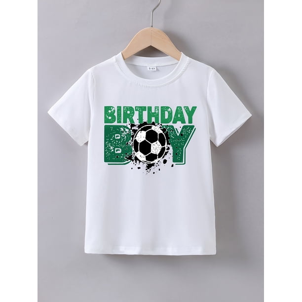 Boys' Summer Soccer Theme Birthday Graphic Tee, Casual Crew Neck, Polyester Knit Top with Slight Stretch, Regular Fit, for Children 12 and Under
