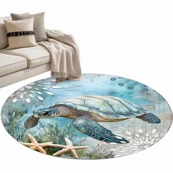 Sea Turtle Coastal Round Area Rug 4 FT, Non Slip Indoor Outdoor Rug, Summer Beach Teal Coral Starfish Washable Soft Circular Carpet Non-Shedding Floor Mat for Coffee Table Nursery Foyer Balcony