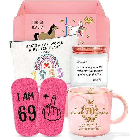 70th Birthday Gifts for Women 70 Year Old Birthday Gifts for Women Funny Gift for 70 Year Old Woman 70 Bday Decorations for Woman Mom - Coffee Mug Makeup Bag Candle Socks